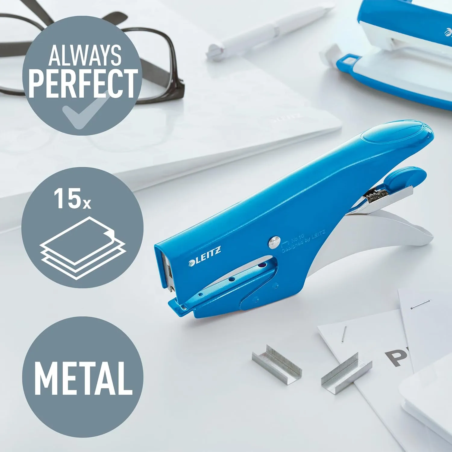 Leitz Pliers Stapler, Office and Home, 15 Sheets, Metal, Ergonomic, Metallic Blue, Wow, 55311036