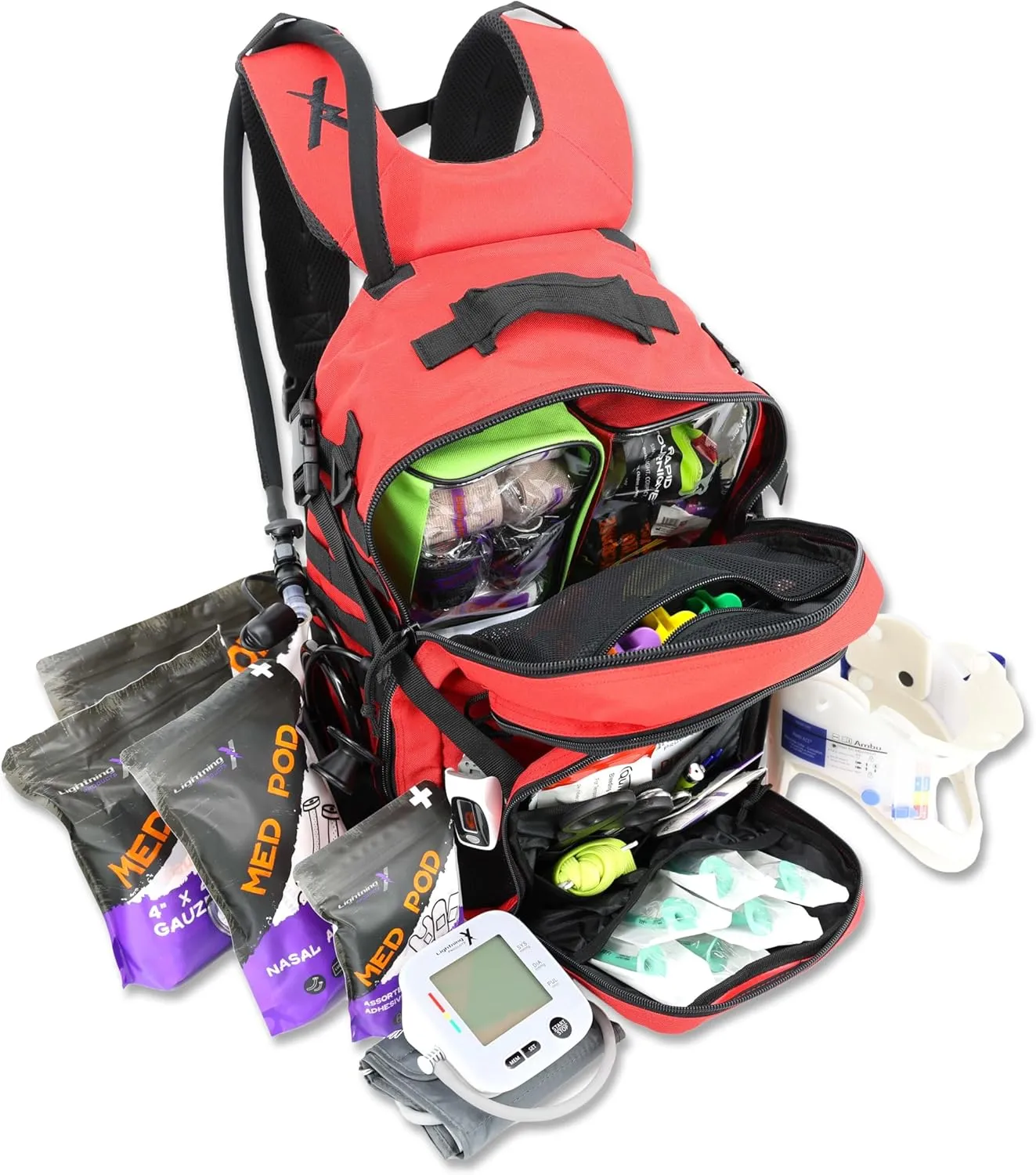 Lightning X Fully Stocked TacMed First Responder Trauma Medical Backpack EMT Kit | MB45-SKF | w/Professional First Aid Emergency Supplies (Red w/Hydration Bladder)
