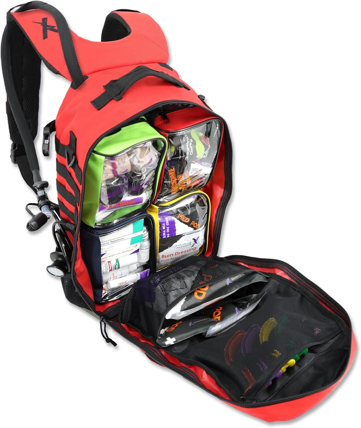 Lightning X Fully Stocked TacMed First Responder Trauma Medical Backpack EMT Kit | MB45-SKF | w/Professional First Aid Emergency Supplies (Red w/Hydration Bladder)