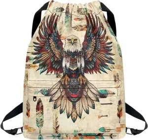 Lightweight String Gym Bag for Men Eagle Spreading Wings Gym Bag with Adjustable Wide Shoulder Straps Drawstring Backpack with Convenient Multi Pockets for Multiple Uses