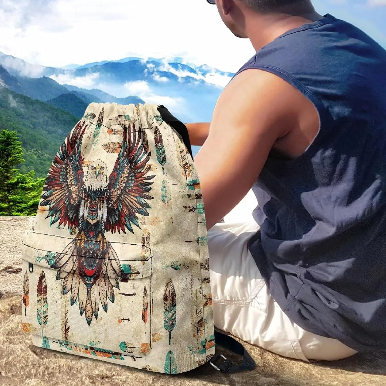 Lightweight String Gym Bag for Men Eagle Spreading Wings Gym Bag with Adjustable Wide Shoulder Straps Drawstring Backpack with Convenient Multi Pockets for Multiple Uses