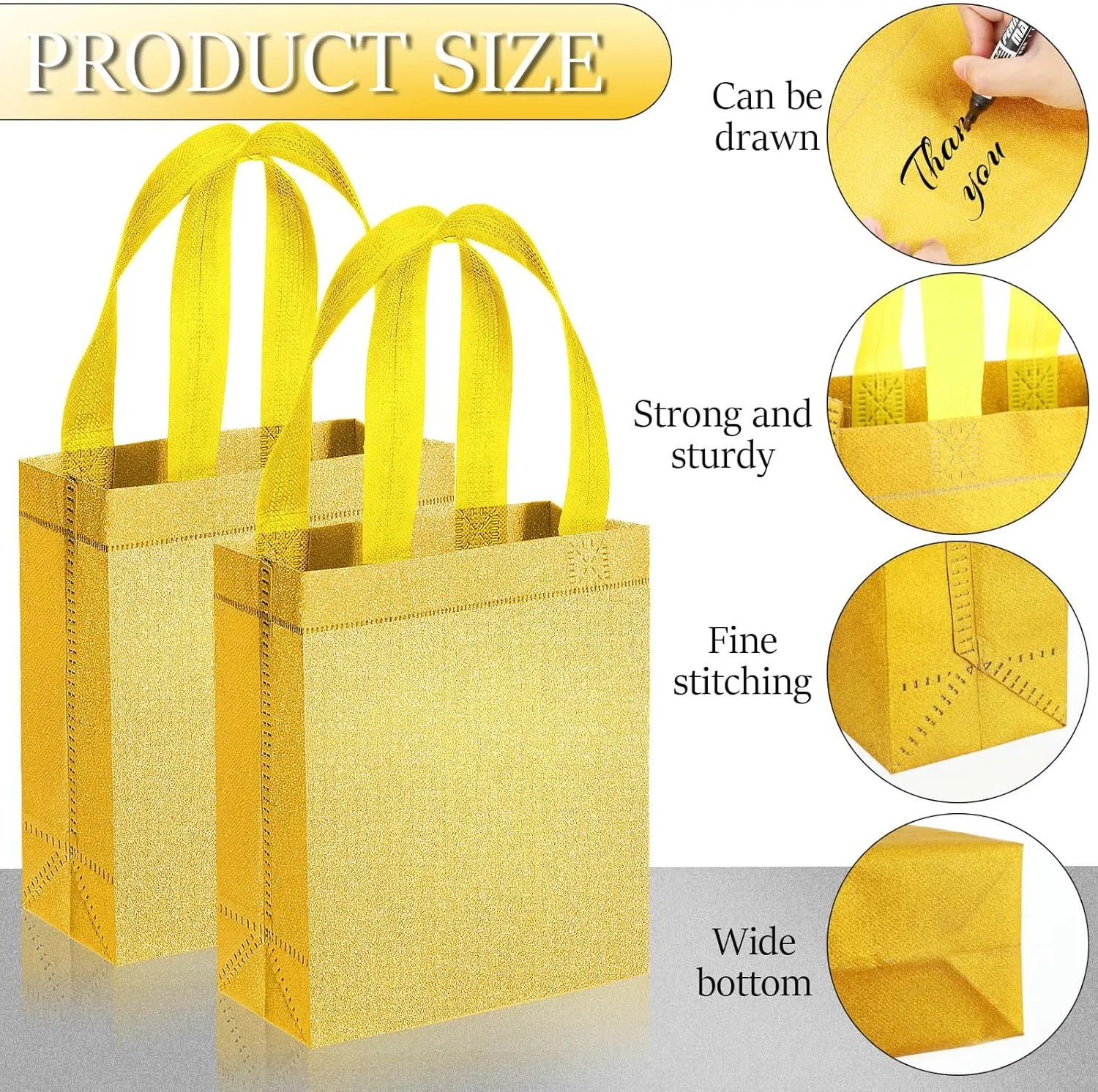 Liitrsh 100 Pack Wedding Gift Bags Metallic Reusable Tote with Handle, Non Woven DIY Gifts Bags for Bridesmaid(6.5 x 3 x 7.8 Inch,Gold)
