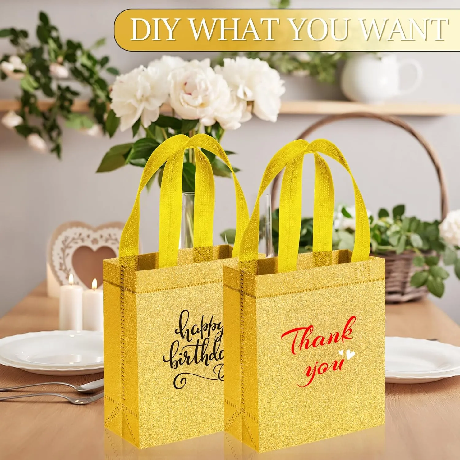 Liitrsh 100 Pack Wedding Gift Bags Metallic Reusable Tote with Handle, Non Woven DIY Gifts Bags for Bridesmaid(6.5 x 3 x 7.8 Inch,Gold)