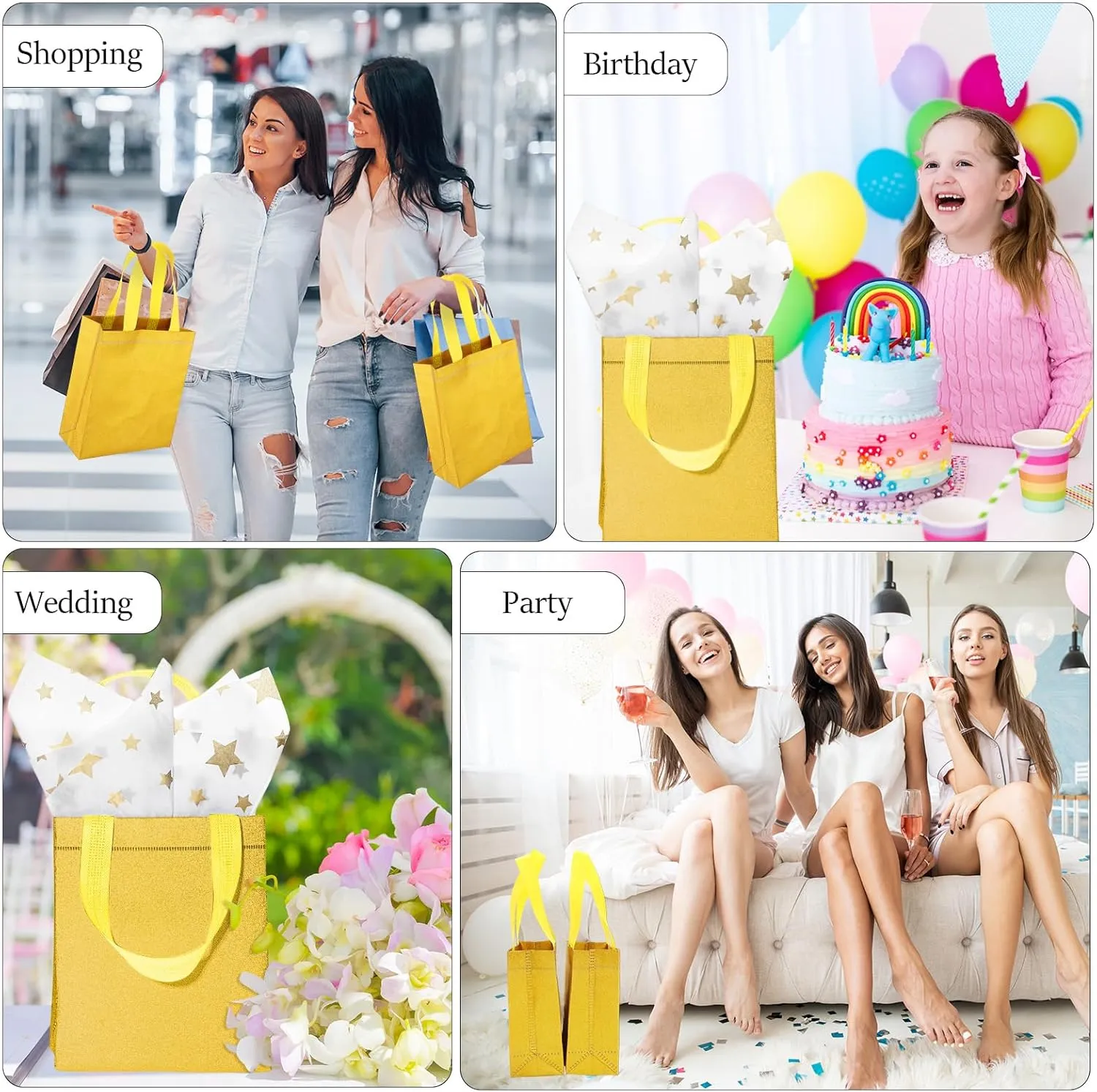 Liitrsh 100 Pack Wedding Gift Bags Metallic Reusable Tote with Handle, Non Woven DIY Gifts Bags for Bridesmaid(6.5 x 3 x 7.8 Inch,Gold)