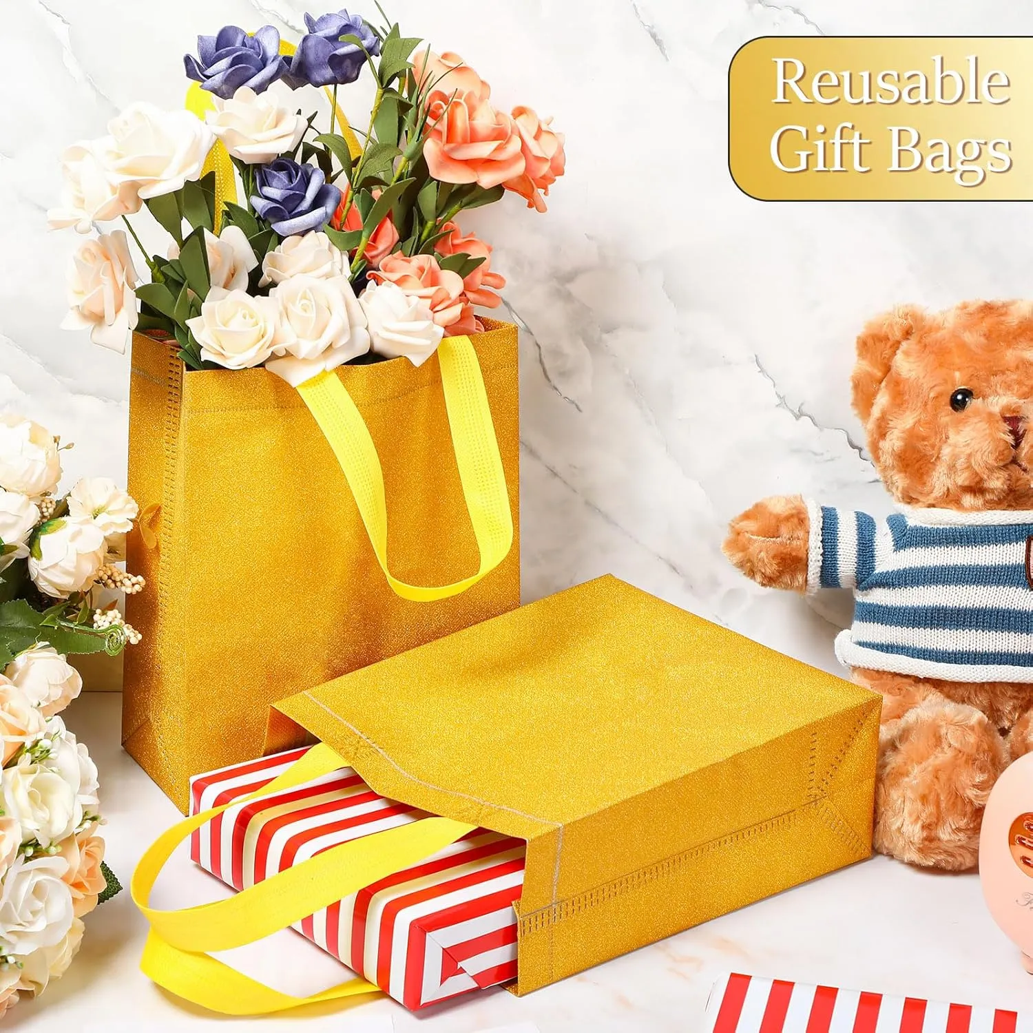 Liitrsh 100 Pack Wedding Gift Bags Metallic Reusable Tote with Handle, Non Woven DIY Gifts Bags for Bridesmaid(6.5 x 3 x 7.8 Inch,Gold)