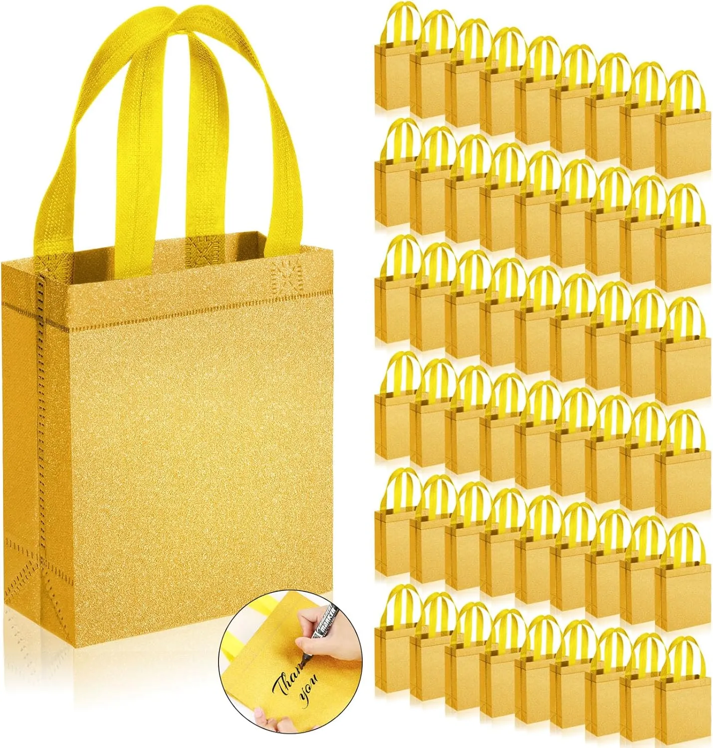 Liitrsh 100 Pack Wedding Gift Bags Metallic Reusable Tote with Handle, Non Woven DIY Gifts Bags for Bridesmaid(6.5 x 3 x 7.8 Inch,Gold)