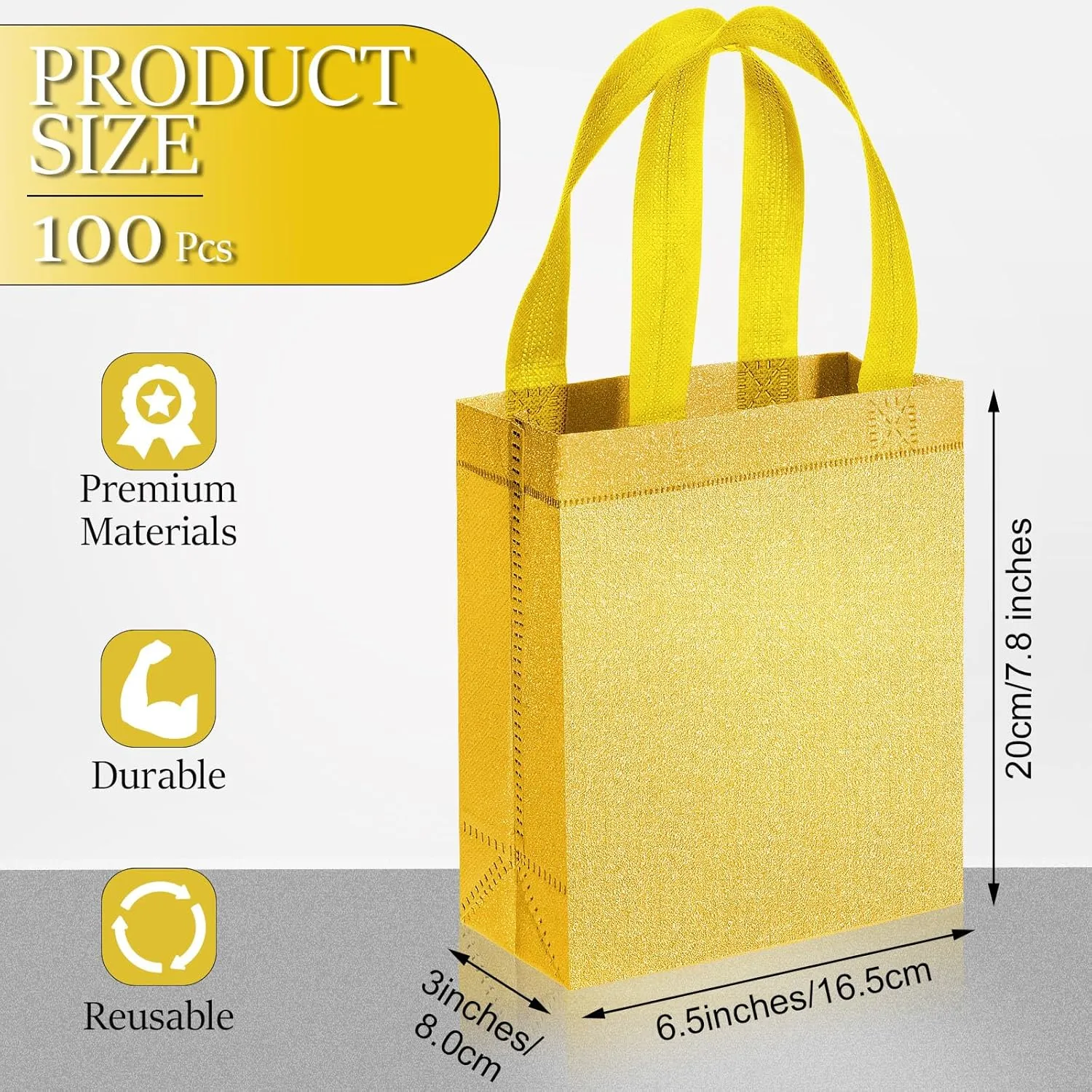 Liitrsh 100 Pack Wedding Gift Bags Metallic Reusable Tote with Handle, Non Woven DIY Gifts Bags for Bridesmaid(6.5 x 3 x 7.8 Inch,Gold)