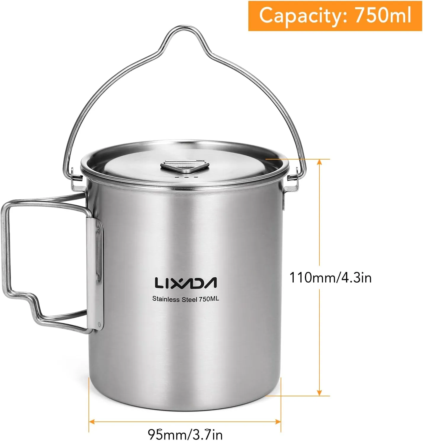 LIXADA Camping Cup Pot,750ml Stainless Steel Water Cup Mug with Foldable Handles and Lid for Outdoor Camping Hiking Backpacking