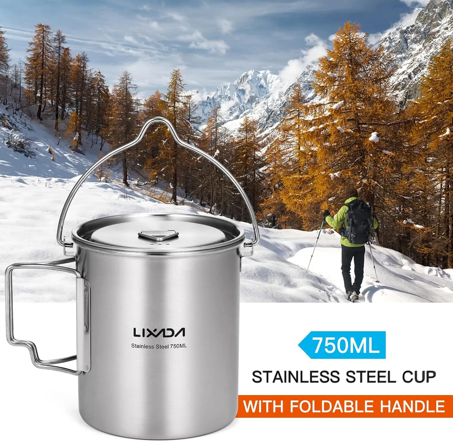 LIXADA Camping Cup Pot,750ml Stainless Steel Water Cup Mug with Foldable Handles and Lid for Outdoor Camping Hiking Backpacking
