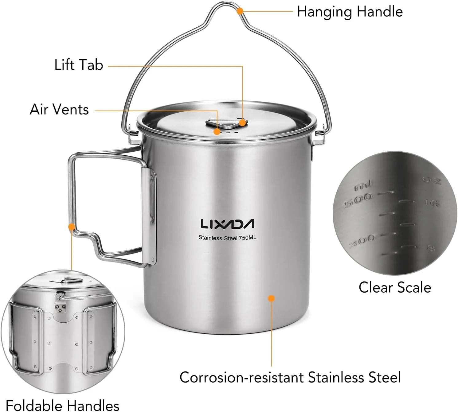 LIXADA Camping Cup Pot,750ml Stainless Steel Water Cup Mug with Foldable Handles and Lid for Outdoor Camping Hiking Backpacking