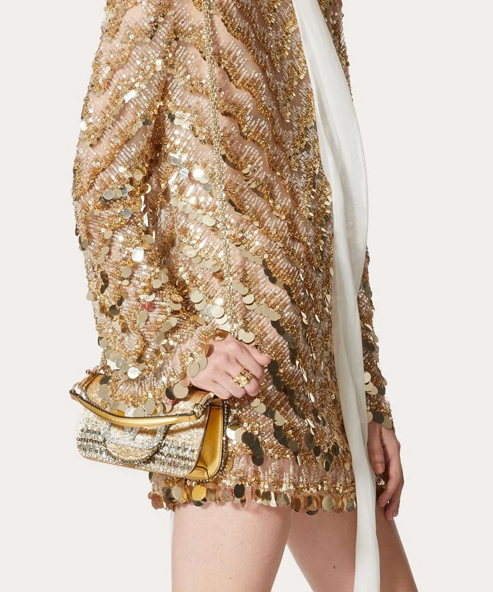 Loco Embroidered Small Shoulder Bag in Gold Crystal