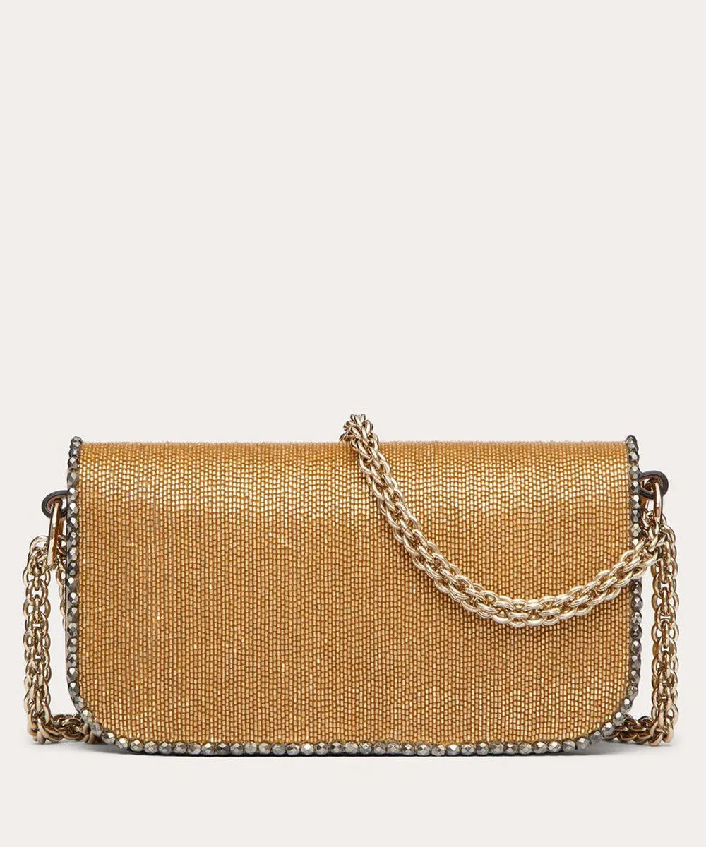 Loco Embroidered Small Shoulder Bag in Gold Crystal