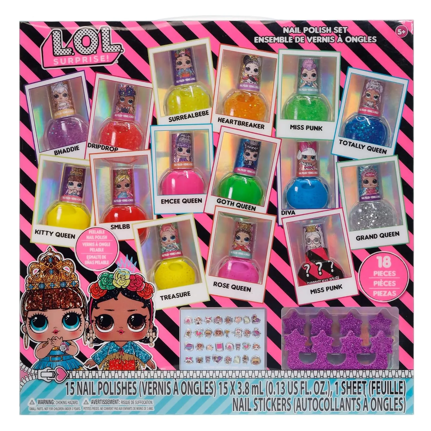 LOL Surprise Girl Peel-Off Nail Polish Activity Set for Girls, Ages 3  with 15 Nail Polish Colors, Toe Spacers and Nail Stickers, Perfect for Parties, Sleepovers and Makeovers