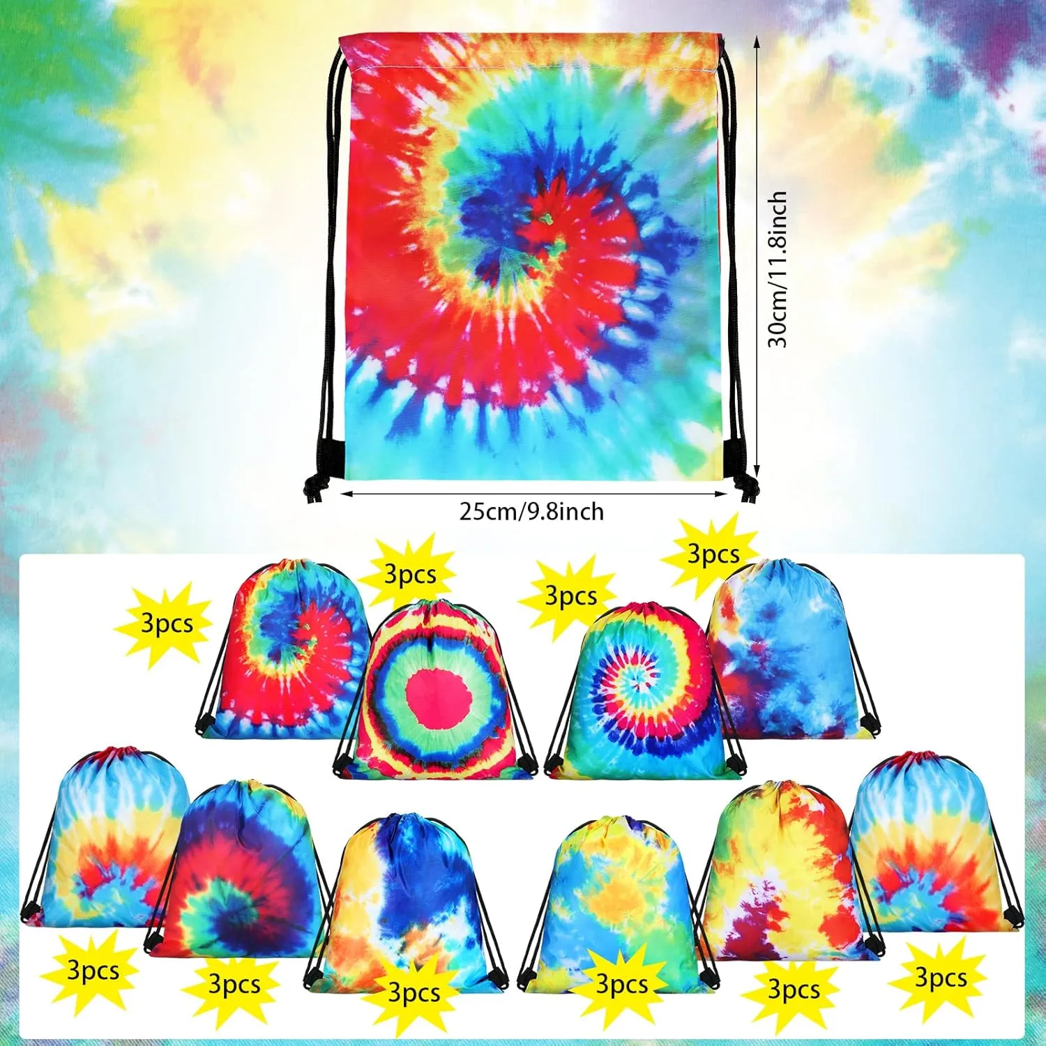 Lothee 30 Pack Drawstring Bags Party Favors for Kids Polyester Party Gift Bags Goody Backpack for Girls Boys Birthday Supplies(Tie Dye Style)