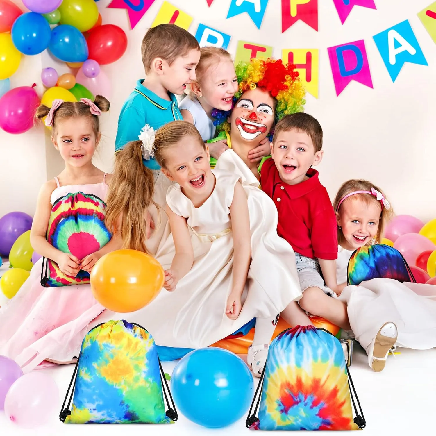 Lothee 30 Pack Drawstring Bags Party Favors for Kids Polyester Party Gift Bags Goody Backpack for Girls Boys Birthday Supplies(Tie Dye Style)