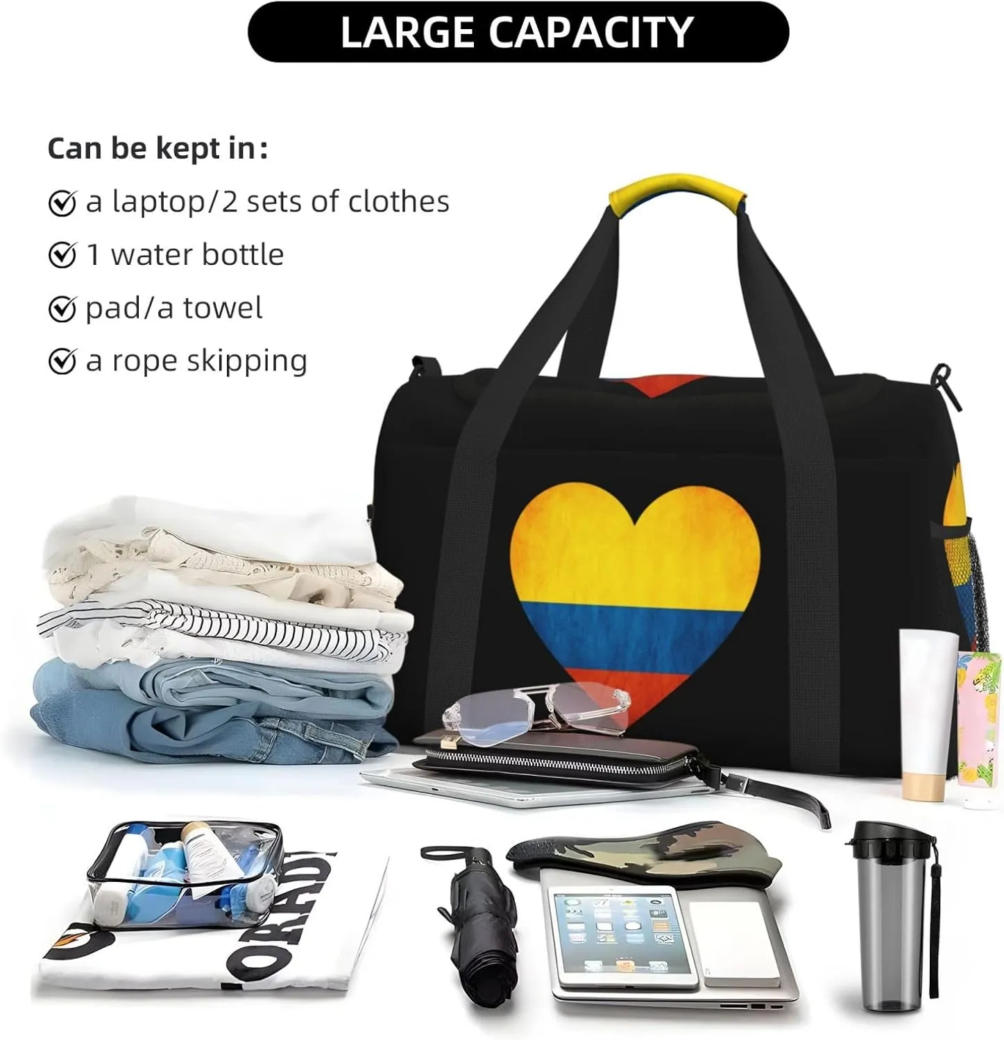 Love Colombia Flag Travel Duffel Bag Large Foldable Waterproof Overnight Bag For Beach Swim Bags Pool Sports Gym