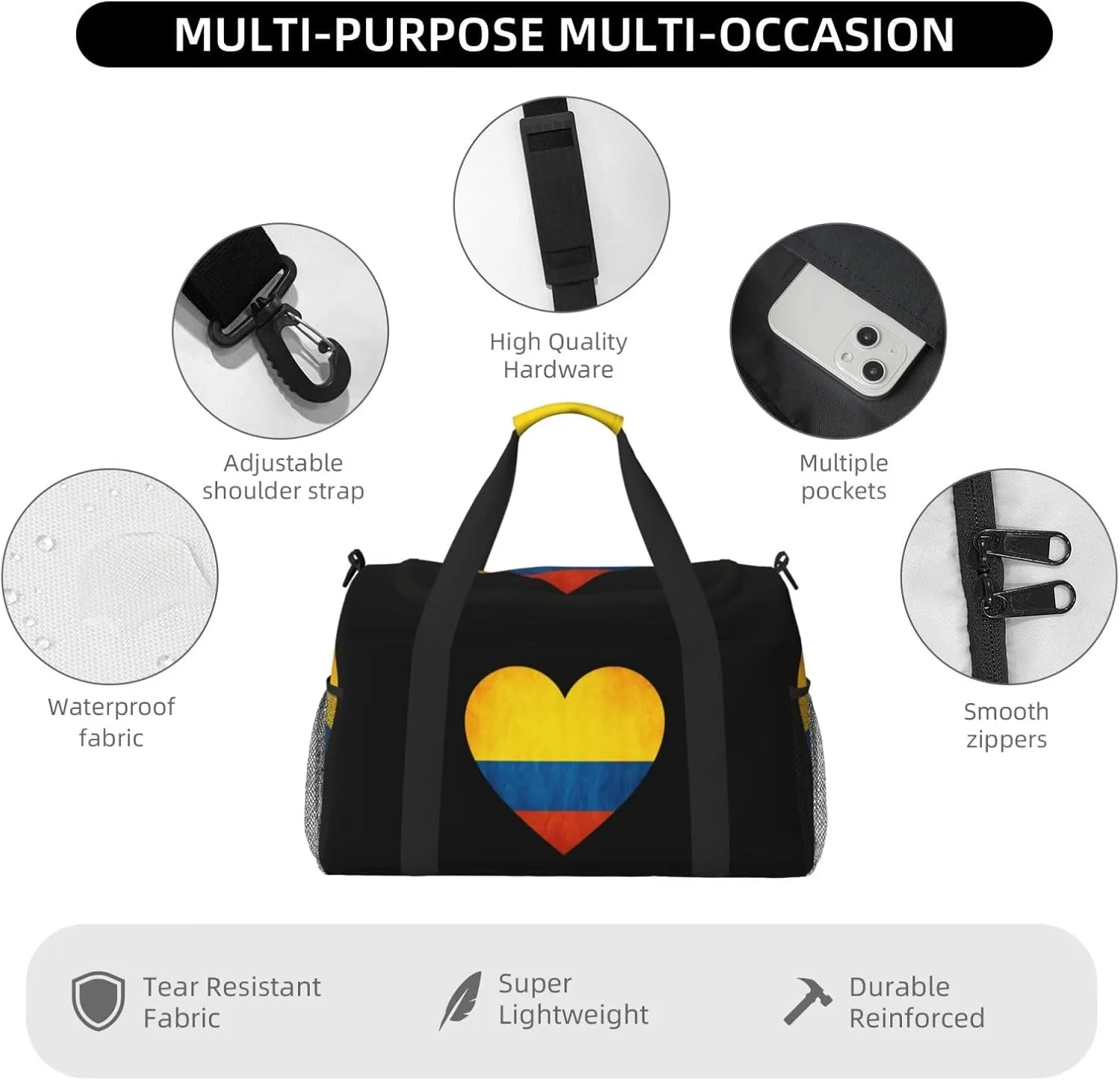 Love Colombia Flag Travel Duffel Bag Large Foldable Waterproof Overnight Bag For Beach Swim Bags Pool Sports Gym