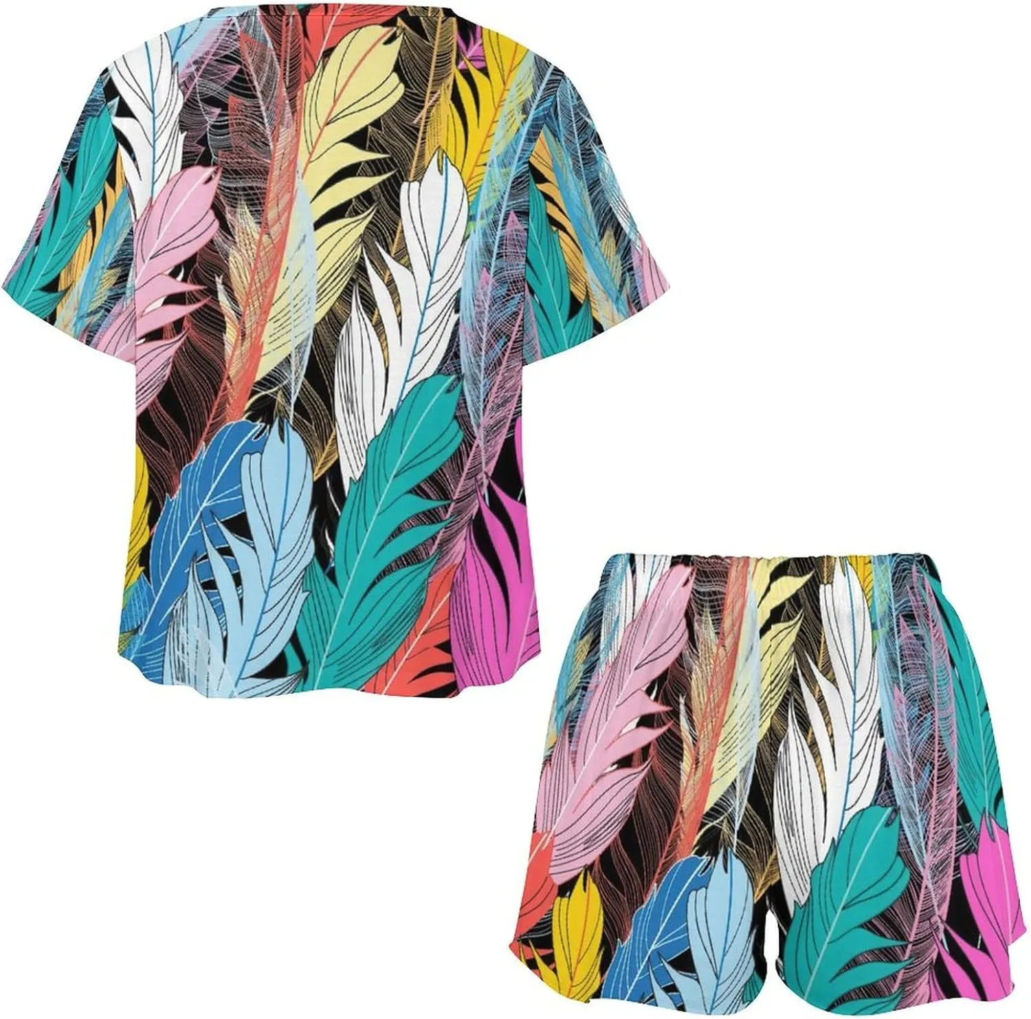 Lovely Multicolored Feathers Home 2 Pieces Womens Lounge PJs Short Sleeve Sleepwear Sets with Pockets