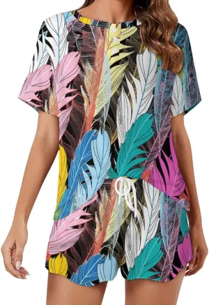 Lovely Multicolored Feathers Home 2 Pieces Womens Lounge PJs Short Sleeve Sleepwear Sets with Pockets