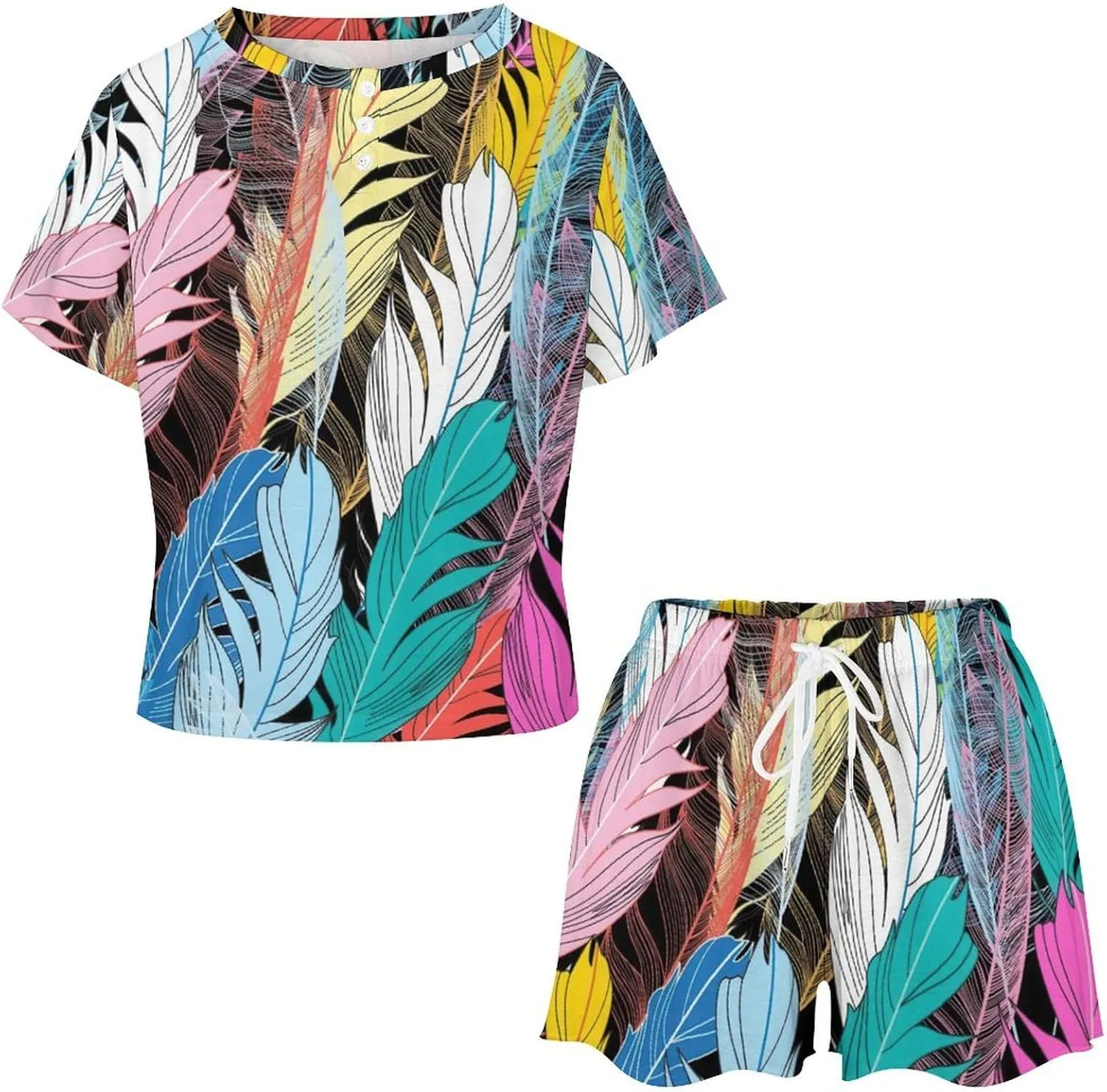 Lovely Multicolored Feathers Home 2 Pieces Womens Lounge PJs Short Sleeve Sleepwear Sets with Pockets