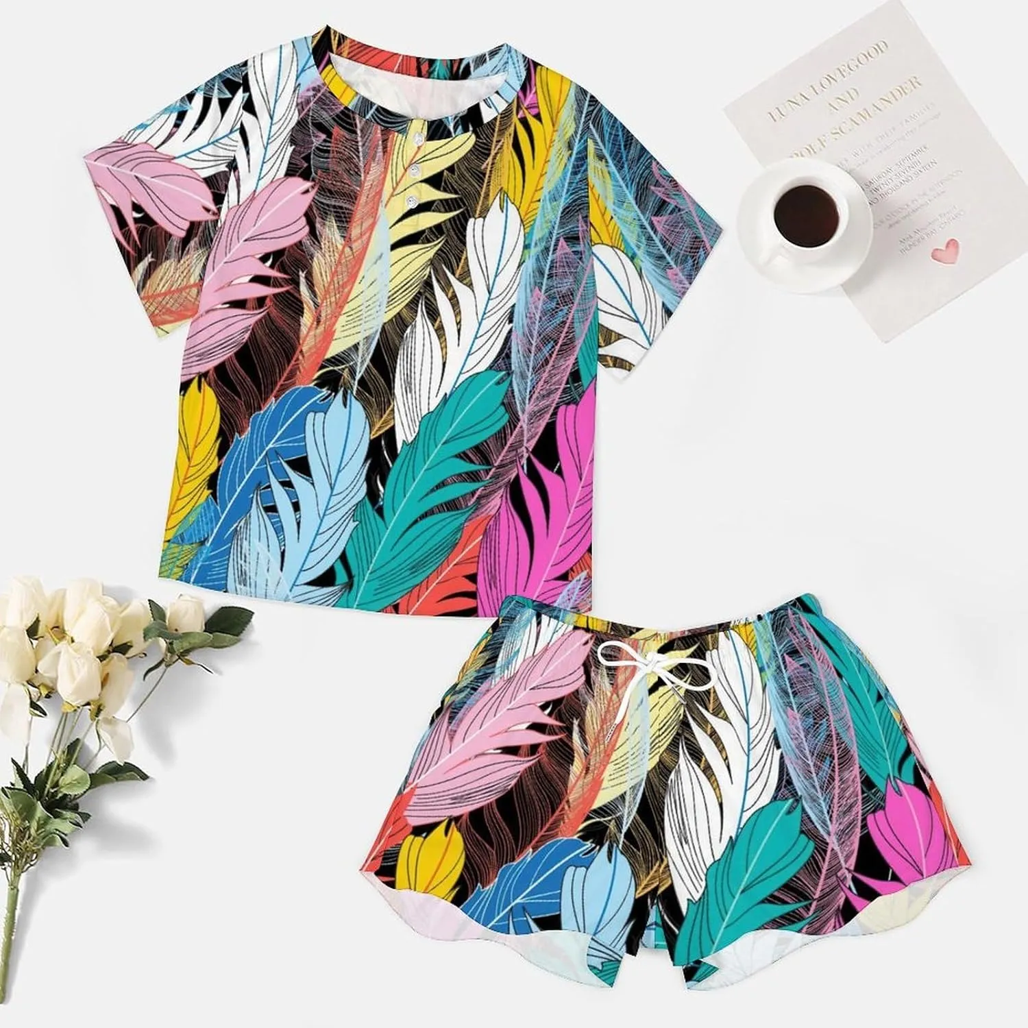 Lovely Multicolored Feathers Home 2 Pieces Womens Lounge PJs Short Sleeve Sleepwear Sets with Pockets