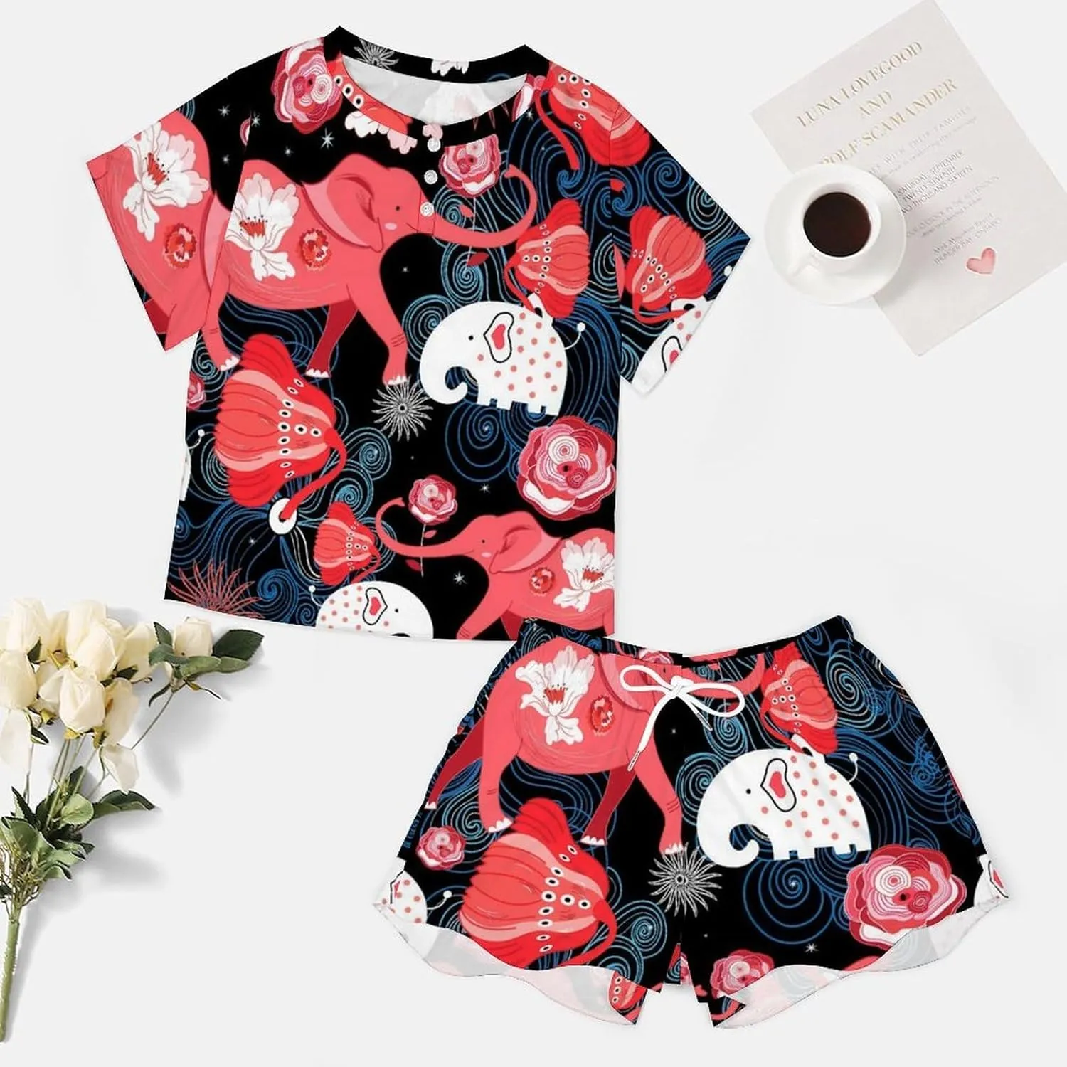 Lovely Red Elephants Home Two Piece Women Pajamas Short Sleeves Sleepwear Set with Pockets