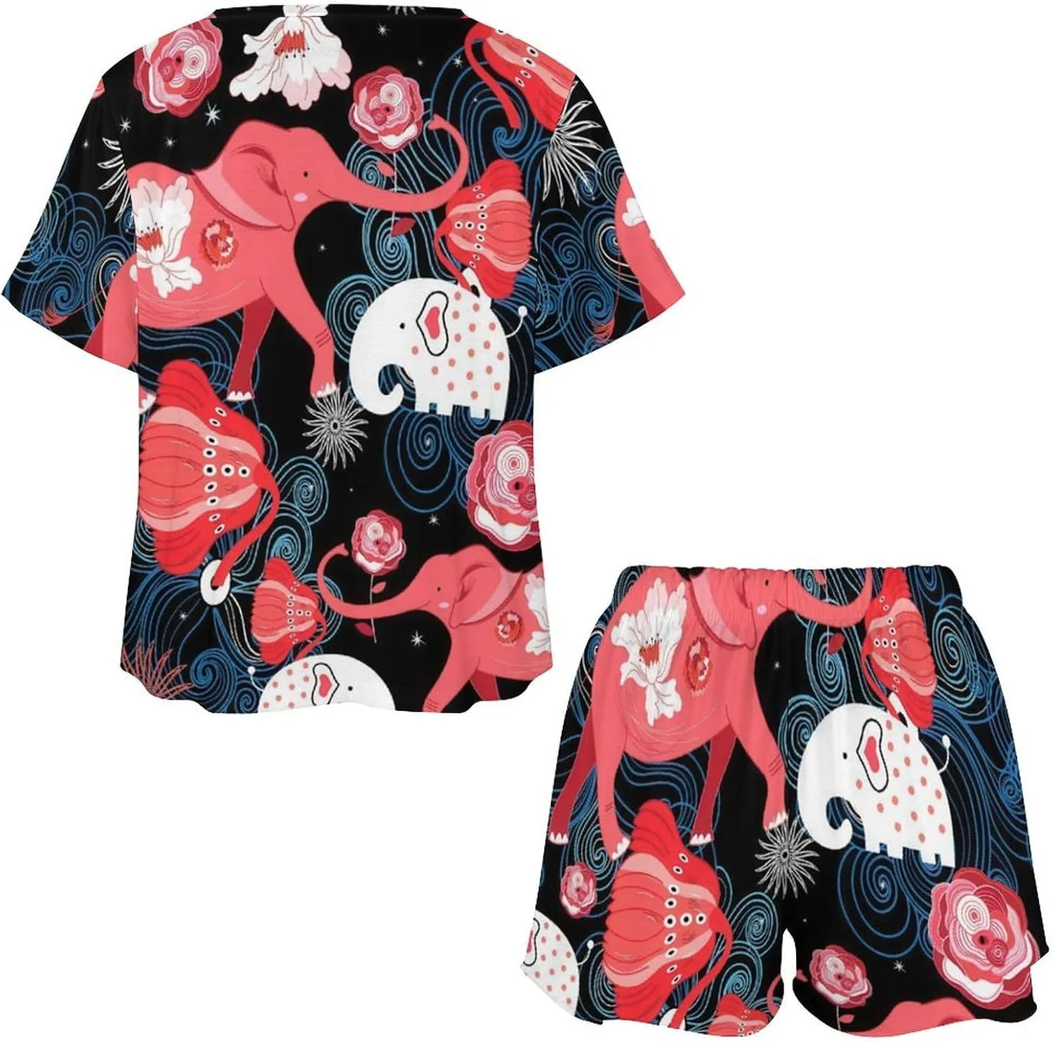 Lovely Red Elephants Home Two Piece Women Pajamas Short Sleeves Sleepwear Set with Pockets