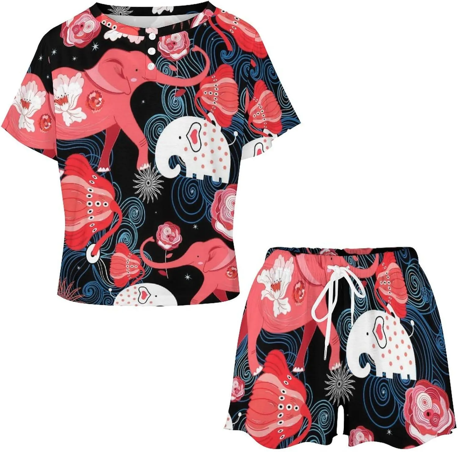 Lovely Red Elephants Home Two Piece Women Pajamas Short Sleeves Sleepwear Set with Pockets