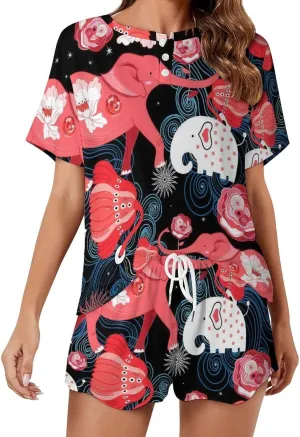 Lovely Red Elephants Home Two Piece Women Pajamas Short Sleeves Sleepwear Set with Pockets