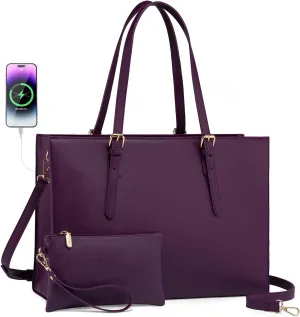 LOVEVOOK 15.6 Inch Laptop Bag for women, Large Waterproof PU Leather Work Briefcase with USB Charging Port Casual Computer Shoulder Messenger Fashion Business Office Tote Handbag Purse, Purple