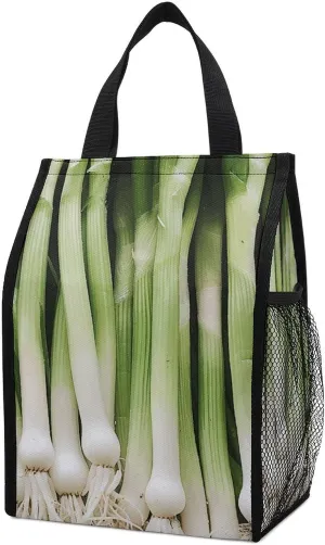 Lunch Bag Lunch Box for Women Reusable Cooler Bag Green And White Onions Insulated Lunch Tote Bag for Travel