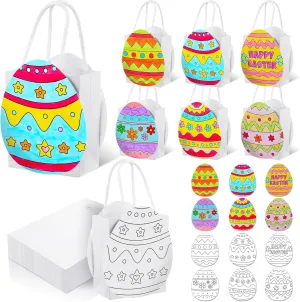 Lunmon 24 Sets Color Your Own Easter Egg Treat Bags with Handles Make Your Own Happy Easter Goodie DIY Paper Gift Bag for Crafts Party Supplies Favors Packaging