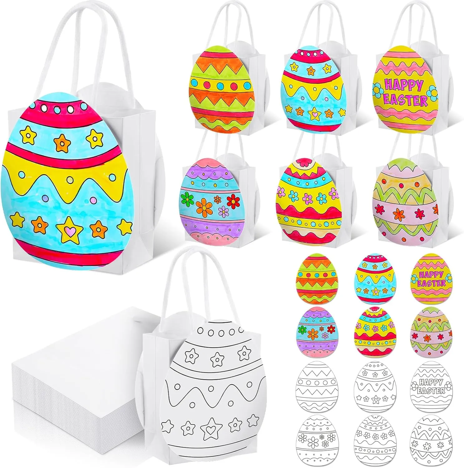 Lunmon 24 Sets Color Your Own Easter Egg Treat Bags with Handles Make Your Own Happy Easter Goodie DIY Paper Gift Bag for Crafts Party Supplies Favors Packaging