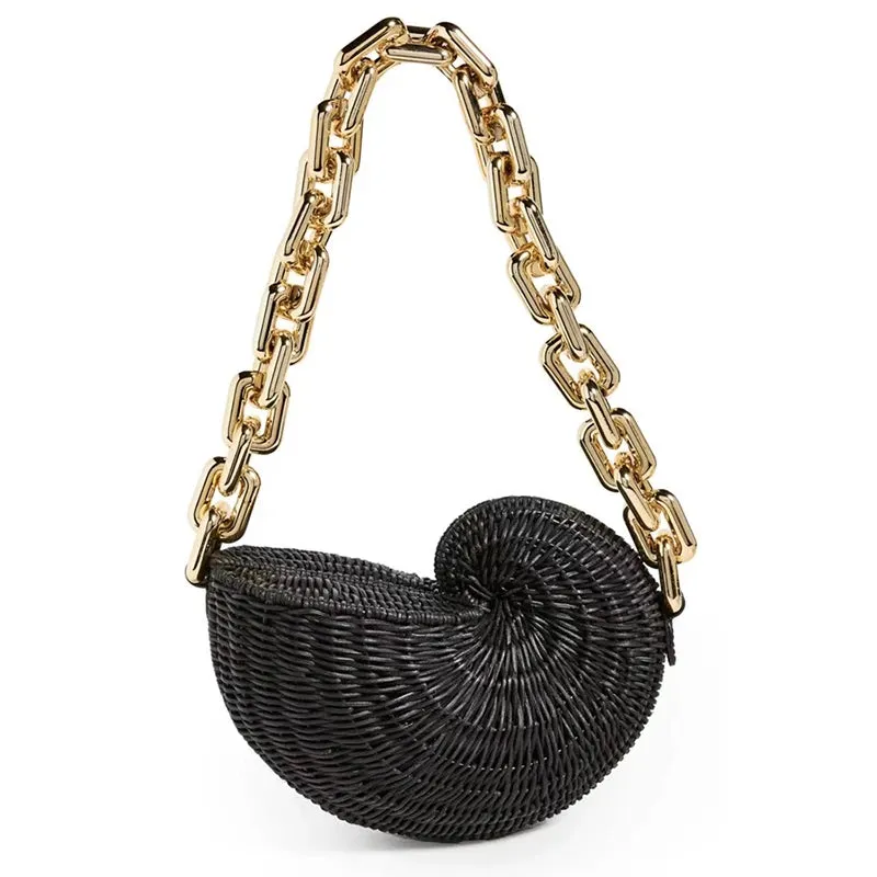 Luxury Conch Rattan Handbags Bohemian Shell Straw Bags for Women Thick Chains Shoulder Bag Wicker Woven Beach Designer Bag Tote