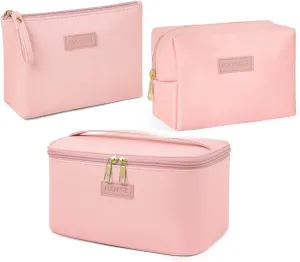 MAANGE Travel Makeup Bag - Large Makeup Bag with 2pcs Small Makeup Bag Portable Leather Cosmetic Bag Toiletry Bag Make Up Bags for Women and Girls (Pink)