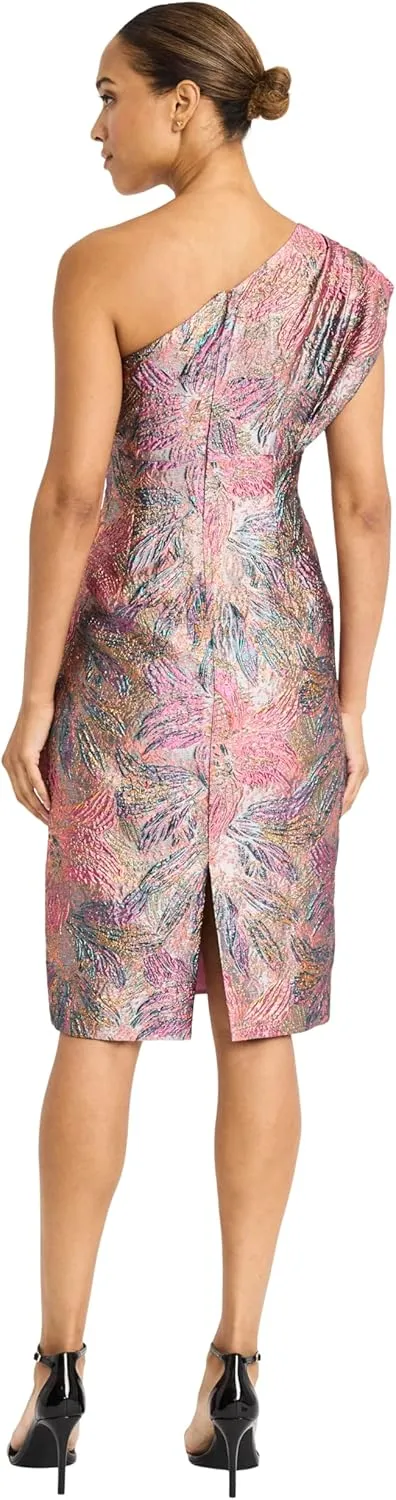 Maggy London Women's One Shoulder Metallic Jacquard Evening Fitted Special Occasion Cocktail Dress