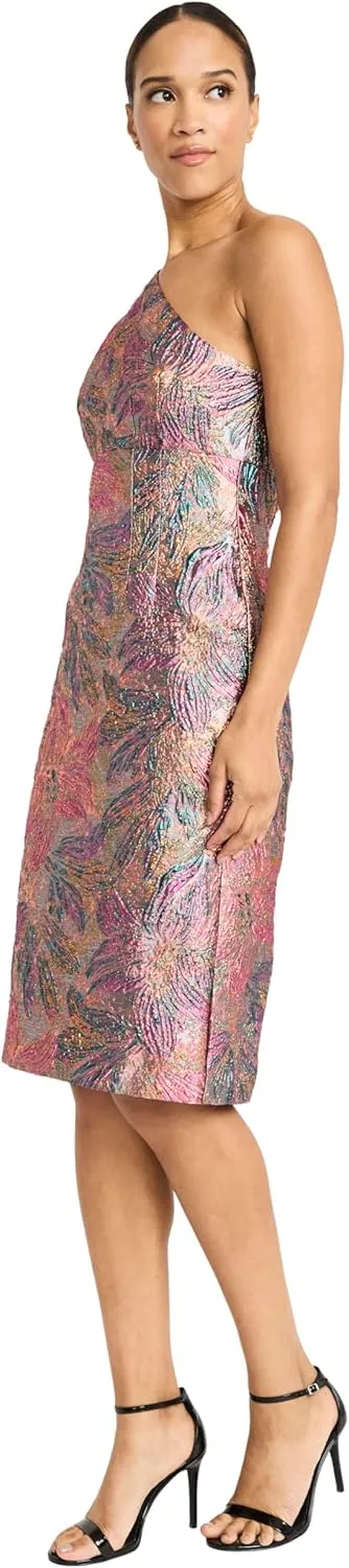 Maggy London Women's One Shoulder Metallic Jacquard Evening Fitted Special Occasion Cocktail Dress