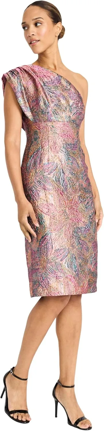 Maggy London Women's One Shoulder Metallic Jacquard Evening Fitted Special Occasion Cocktail Dress