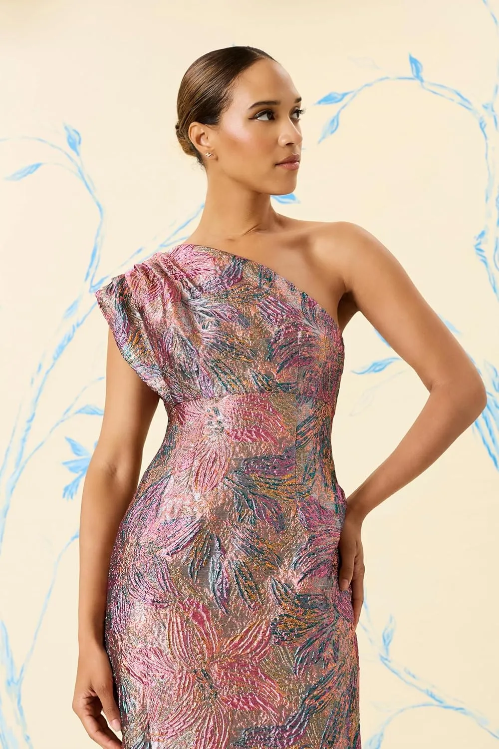 Maggy London Women's One Shoulder Metallic Jacquard Evening Fitted Special Occasion Cocktail Dress