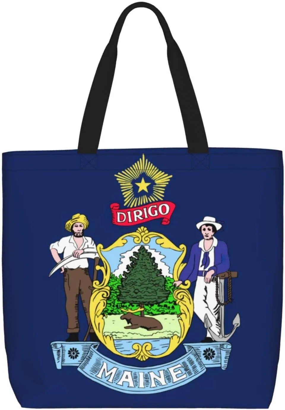 Maine State Flag Print Women Reuseable Handbag, Grocery Bag Foldable For Shopping Travel Activity