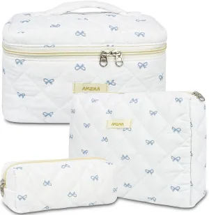 Makeup Bag Travel Cosmetic Bag, 3 PCS Quilted Make Up Bags for Women Makeup Organizer Case, Coquette Makeup Pouch Travel Essentials Toiletries Accessories