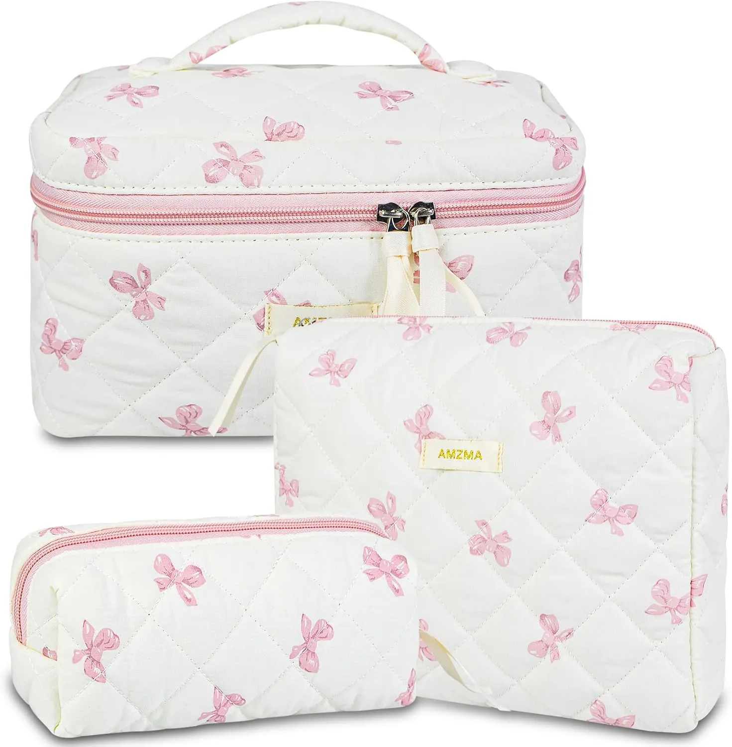 Makeup Bag Travel Cosmetic Bag, 3 PCS Quilted Make Up Bags for Women Makeup Organizer Case, Coquette Makeup Pouch Travel Essentials Toiletries Accessories