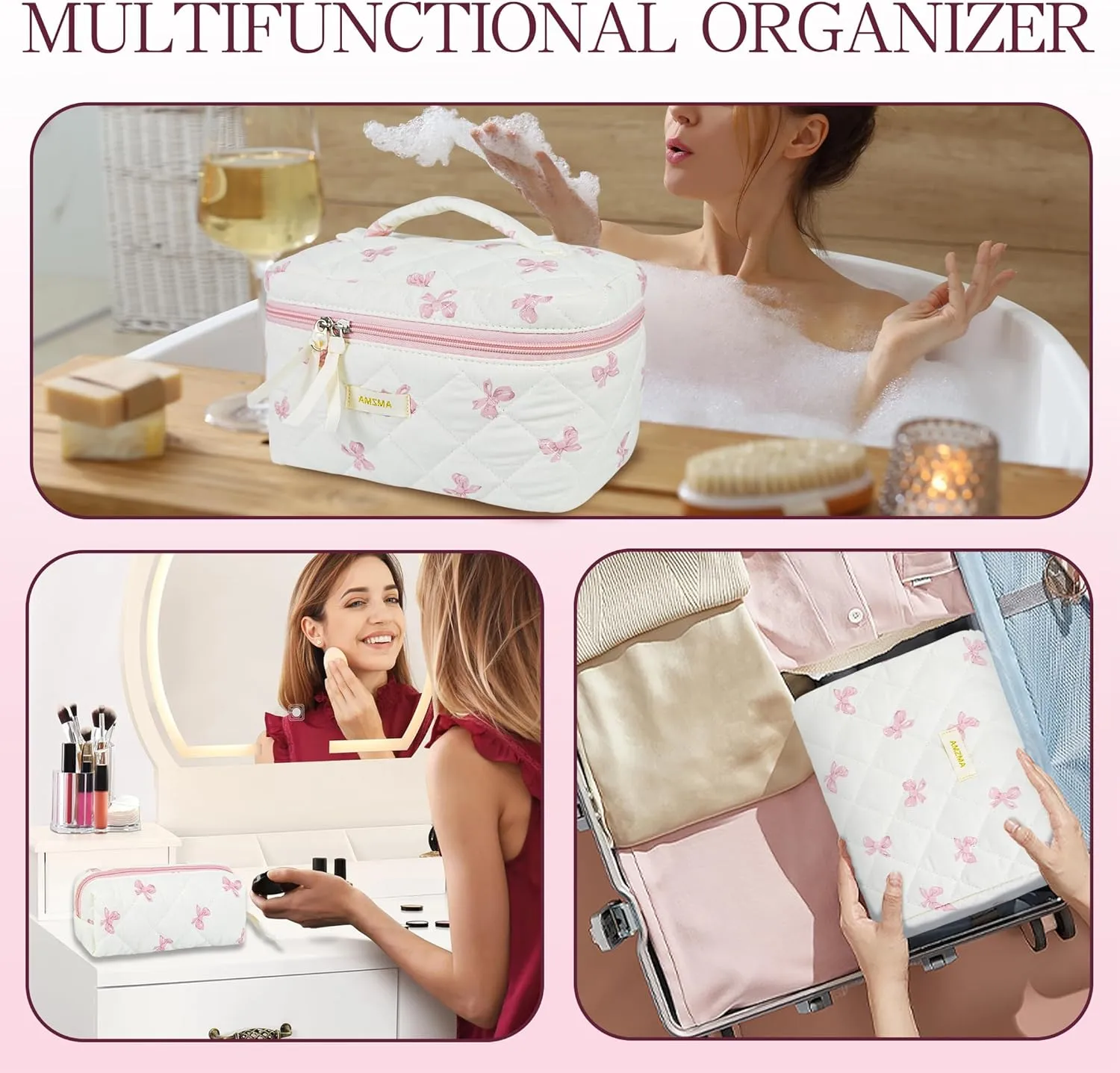 Makeup Bag Travel Cosmetic Bag, 3 PCS Quilted Make Up Bags for Women Makeup Organizer Case, Coquette Makeup Pouch Travel Essentials Toiletries Accessories
