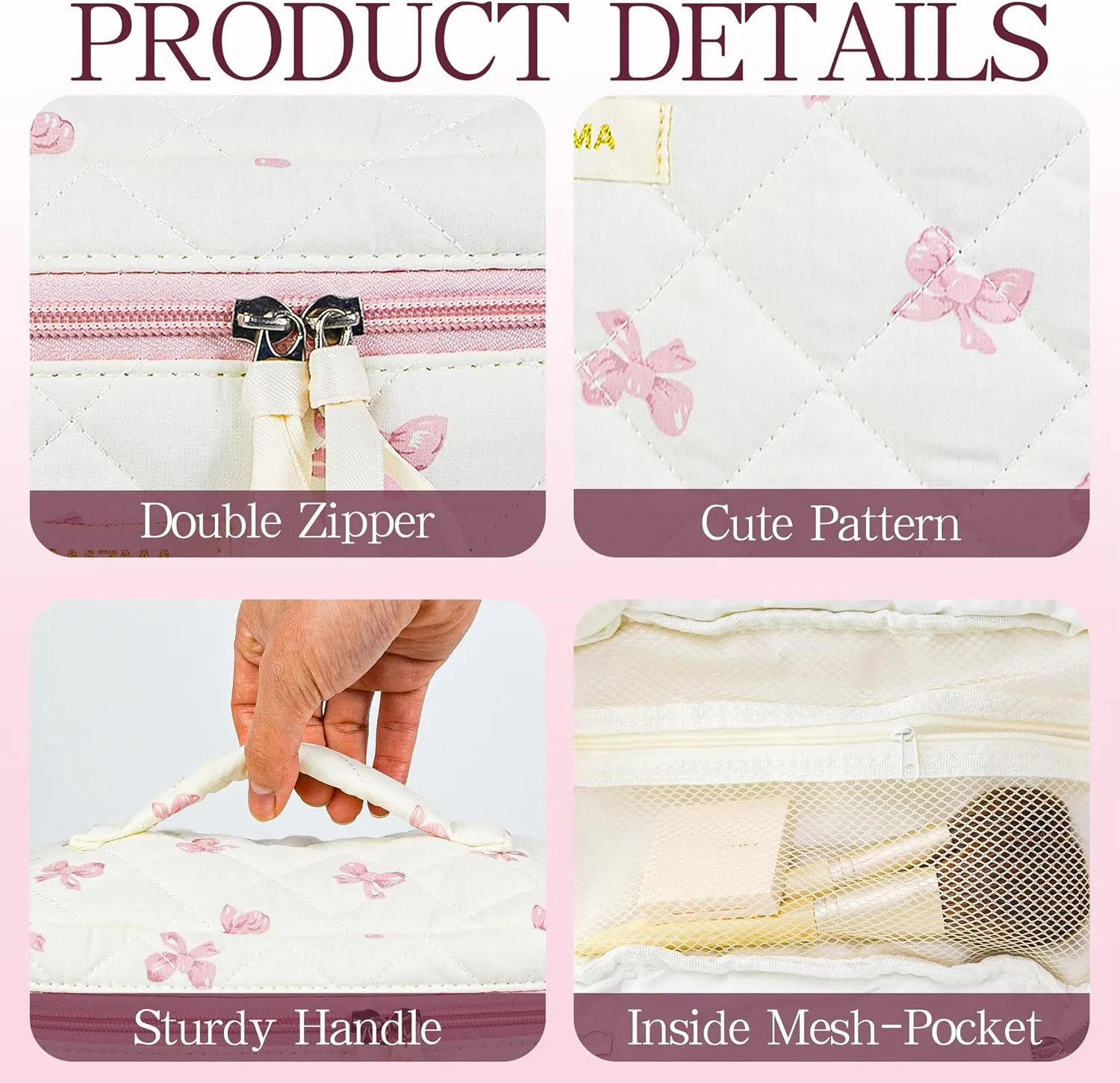 Makeup Bag Travel Cosmetic Bag, 3 PCS Quilted Make Up Bags for Women Makeup Organizer Case, Coquette Makeup Pouch Travel Essentials Toiletries Accessories