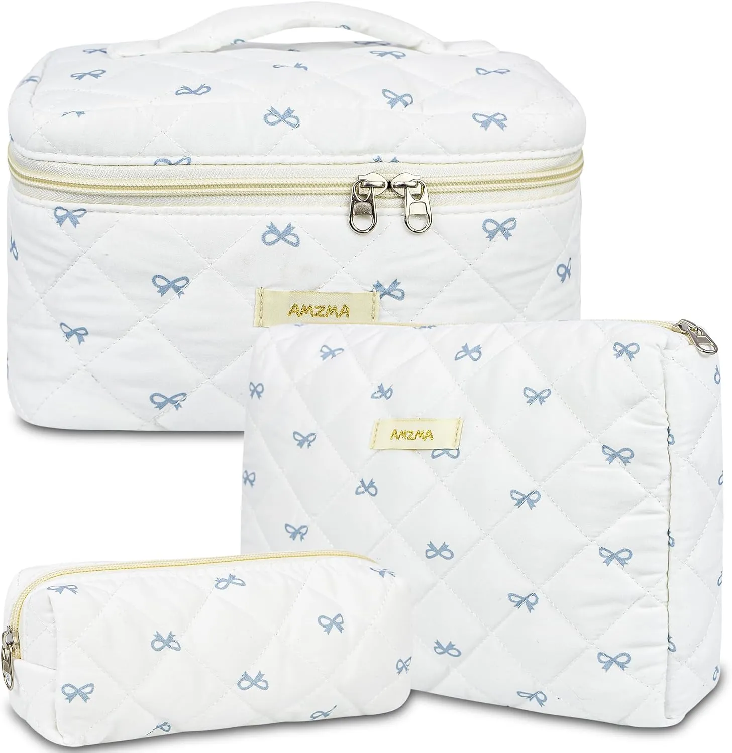 Makeup Bag Travel Cosmetic Bag, 3 PCS Quilted Make Up Bags for Women Makeup Organizer Case, Coquette Makeup Pouch Travel Essentials Toiletries Accessories