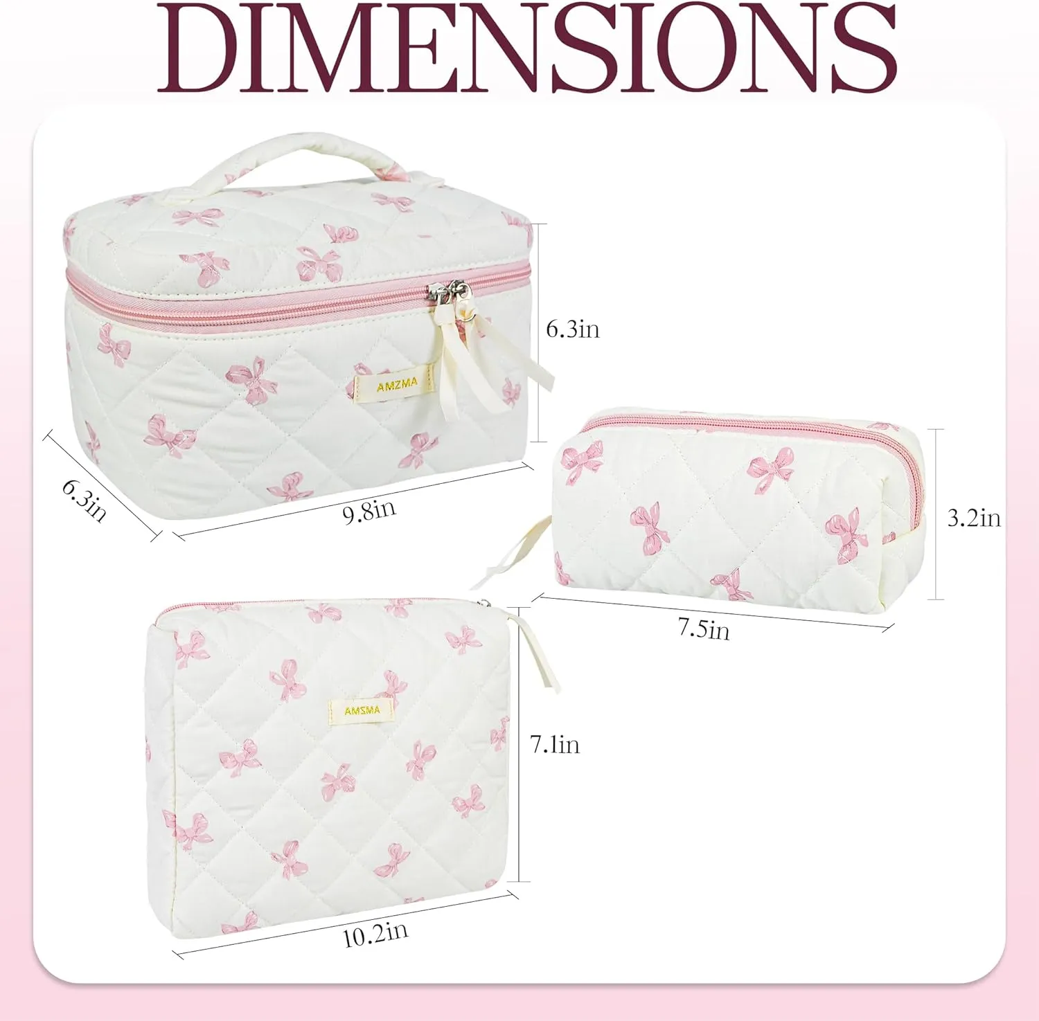 Makeup Bag Travel Cosmetic Bag, 3 PCS Quilted Make Up Bags for Women Makeup Organizer Case, Coquette Makeup Pouch Travel Essentials Toiletries Accessories