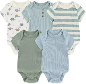 MAMIMAKA Newborn Baby Short Sleeve Bodysuit Cotton One-Piece Baby Clothes 5-Pack, 0-12 Months