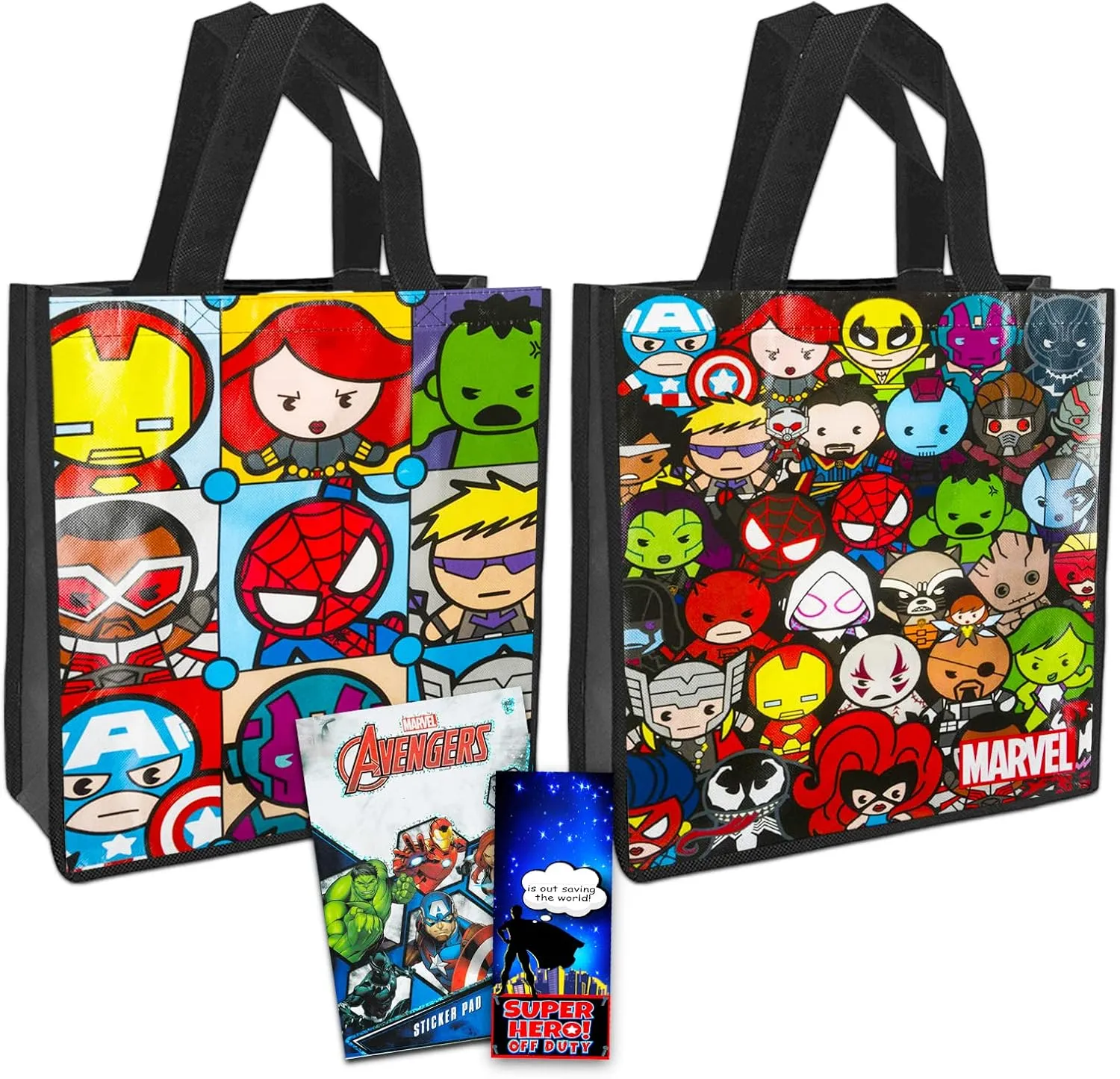 Marvel Avengers Tote Bag Set for Kids, Adults ~ 4 Pc Bundle with 2 Large Reusable Grocery Bags, Avengers Stickers, and More | Cute Superhero Party Supplies and Favors