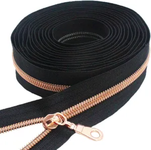 MebuZip #5 Rose Gold Metallic Nylon Coil Zippers by The Yard Bulk Coil Zipper Roll 10 Yards with 25pcs Pulls for DIY Sewing Craft Bags (Black)