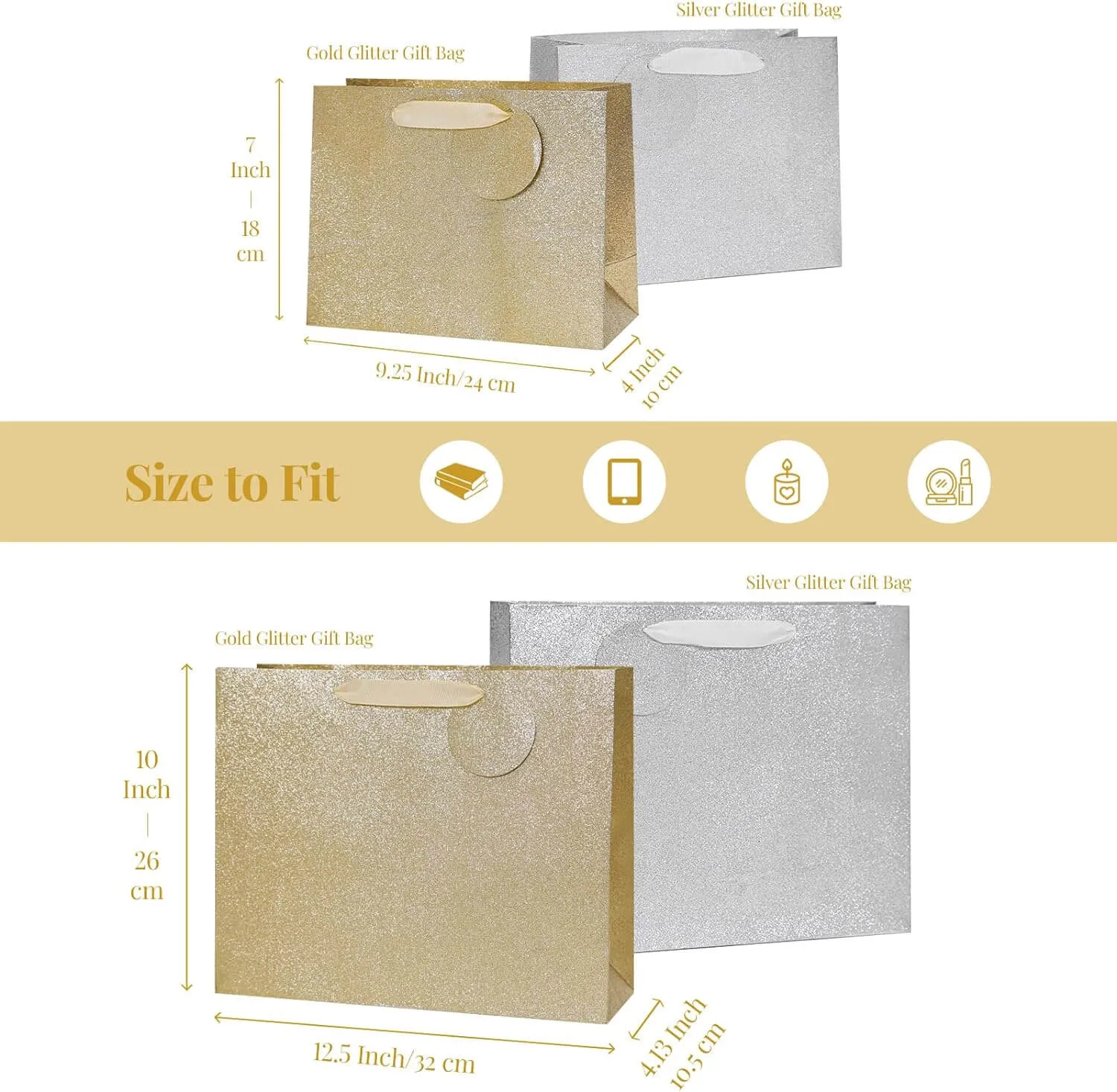 Medium and Large Metallic Gold & Sliver Gift Bags, Pack of 12